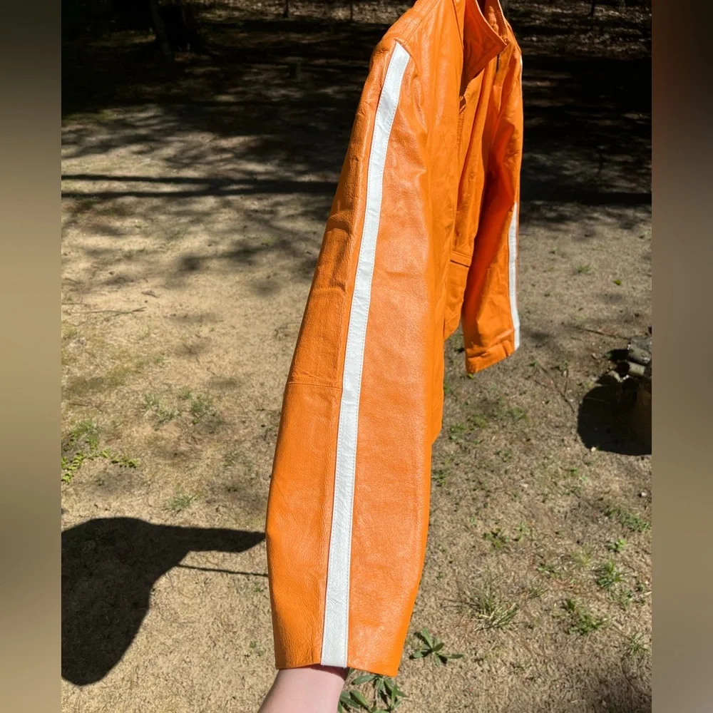 Y2K Metro Style Neon Orange Racing 100% Genuine Leather Jacket Women’s Size L - Picture 12 of 16